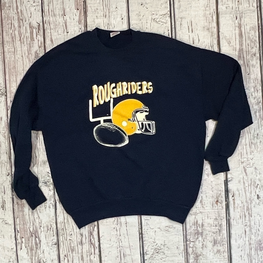 Vintage 1980s Rough Riders Football Sports Blue Jerzees 80s Jumper Sweatshirt